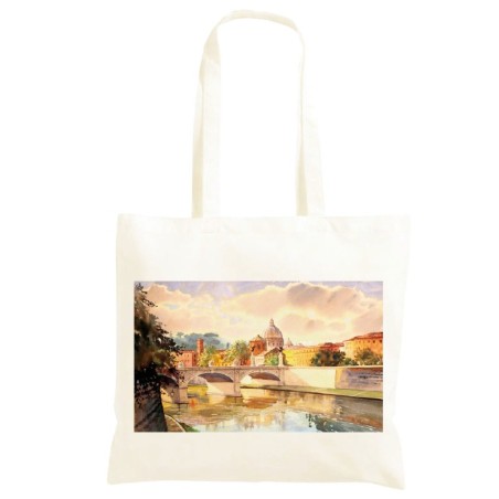 Borsa Roma ponte sul Tevere cm 40x40 Shopper manici lunghi disegno acquarello 7