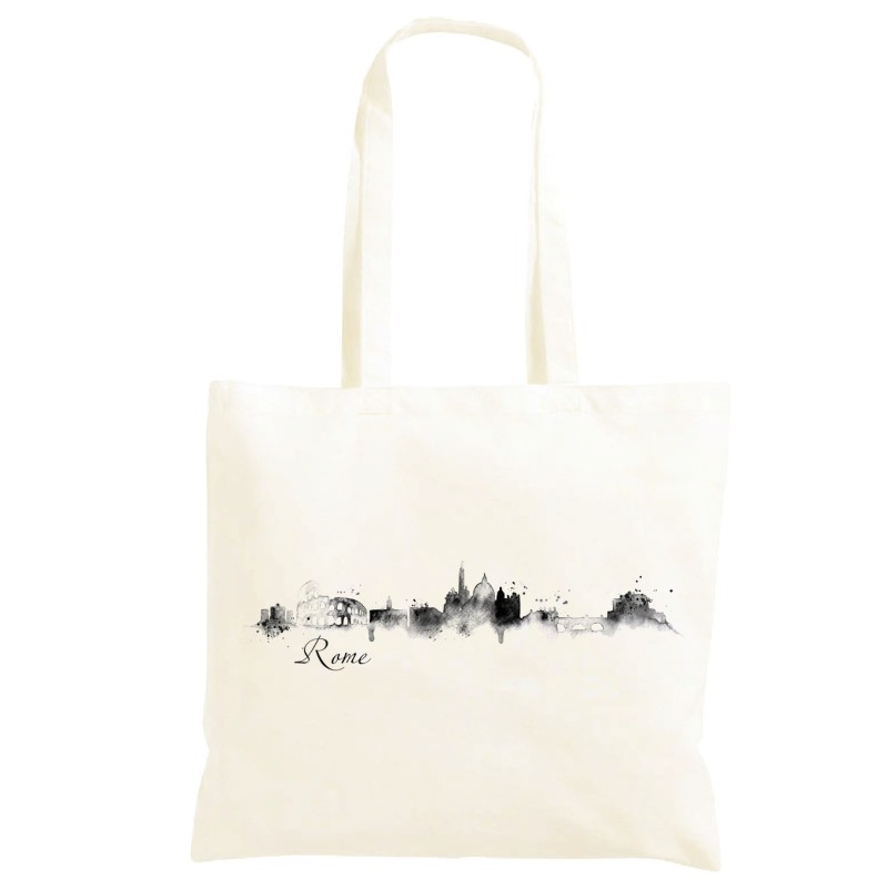 Borsa Roma bianco e nero Shopper manici lunghi disegno acquarello 65