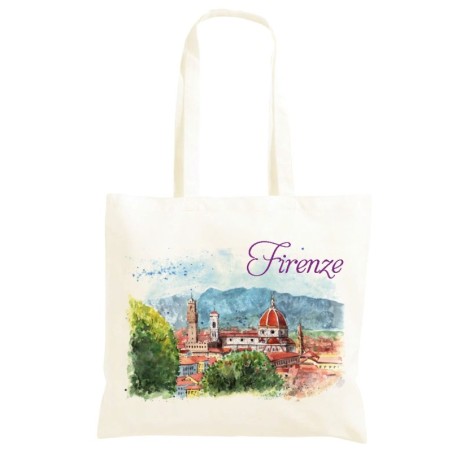 Borsa panorama di Firenze Duomo - Shopper manici lunghi disegno acquarello 185