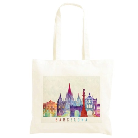 Borsa Barcelona a colori Shopper manici lunghi disegno acquarello 234