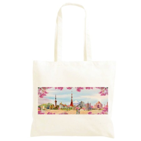 Borsa a round the world oriente Shopper manici lunghi disegno acquarello 312