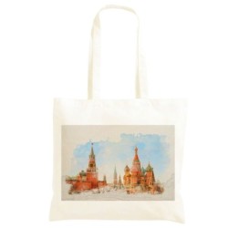 Borsa 40x40 torri colorate Shopper manici lunghi disegno acquarello 386