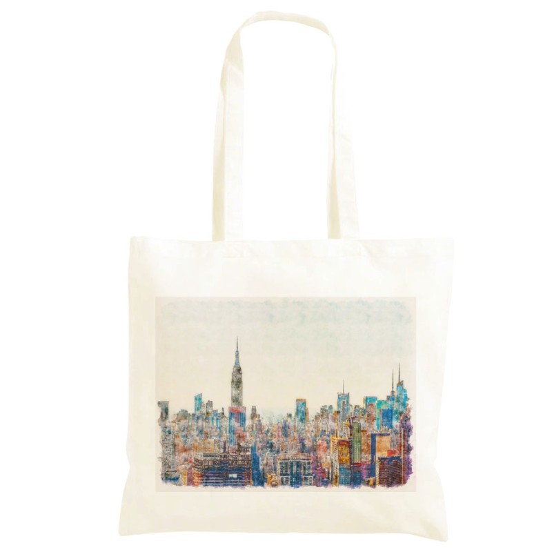 Borsa 40x40 città di notte Shopper manici lunghi disegno acquarello 389