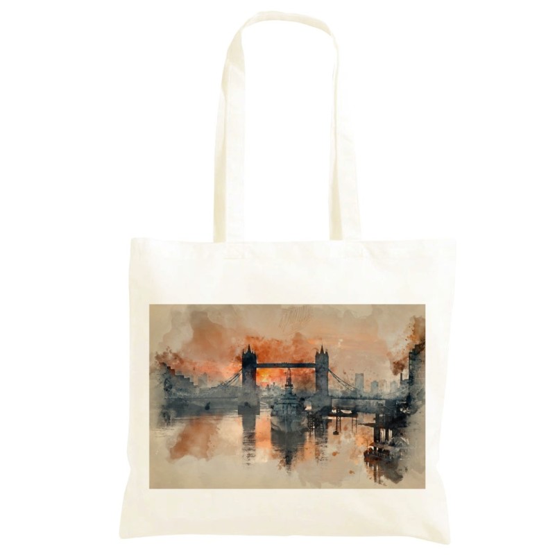 Borsa 40x40 ponte di Londra Shopper manici lunghi disegno acquarello 462