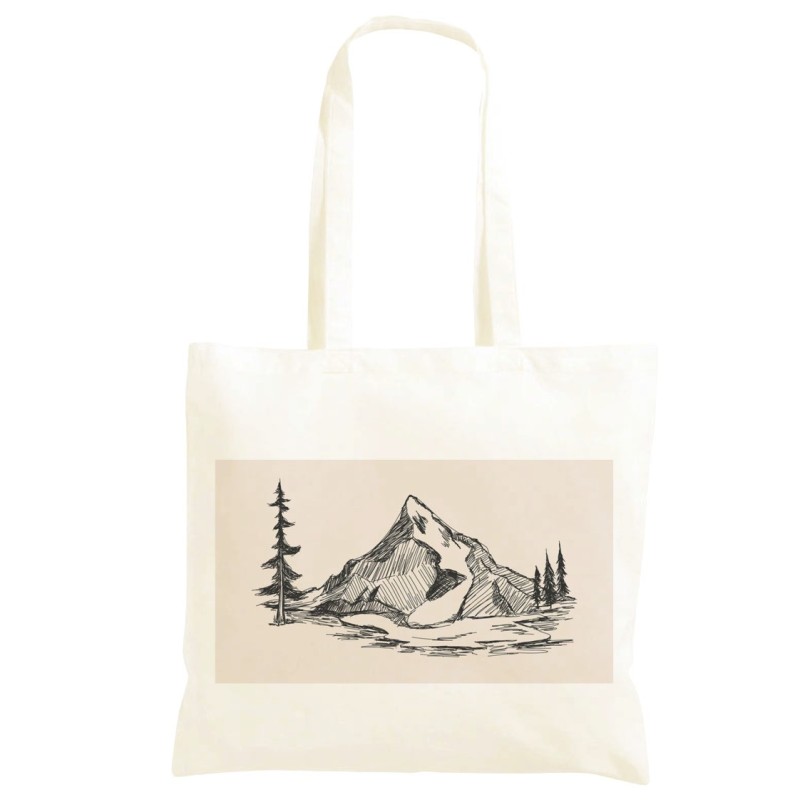 Borsa spesa tracolla in cotone monte innevato 40x40 Shopper manici lunghi disegno acquarello 545