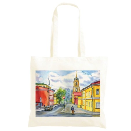 Borsa persona che attraversa la strada + macchine Shopper manici lunghi disegno acquarello 711