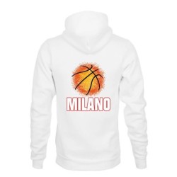 Felpa bianca cappuccio tasconi Milano città BASKET PALLONE ASTRATTO stampa retro tifosi palazzetto