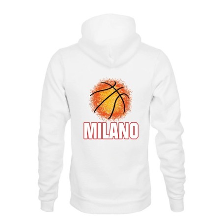 Felpa bianca cappuccio tasconi Milano città BASKET PALLONE ASTRATTO stampa retro tifosi palazzetto