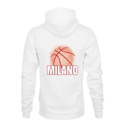 Felpa bianca cappuccio tasconi Milano città BASKET PALLONE ASTRATTO ROSSO stampa retro tifosi