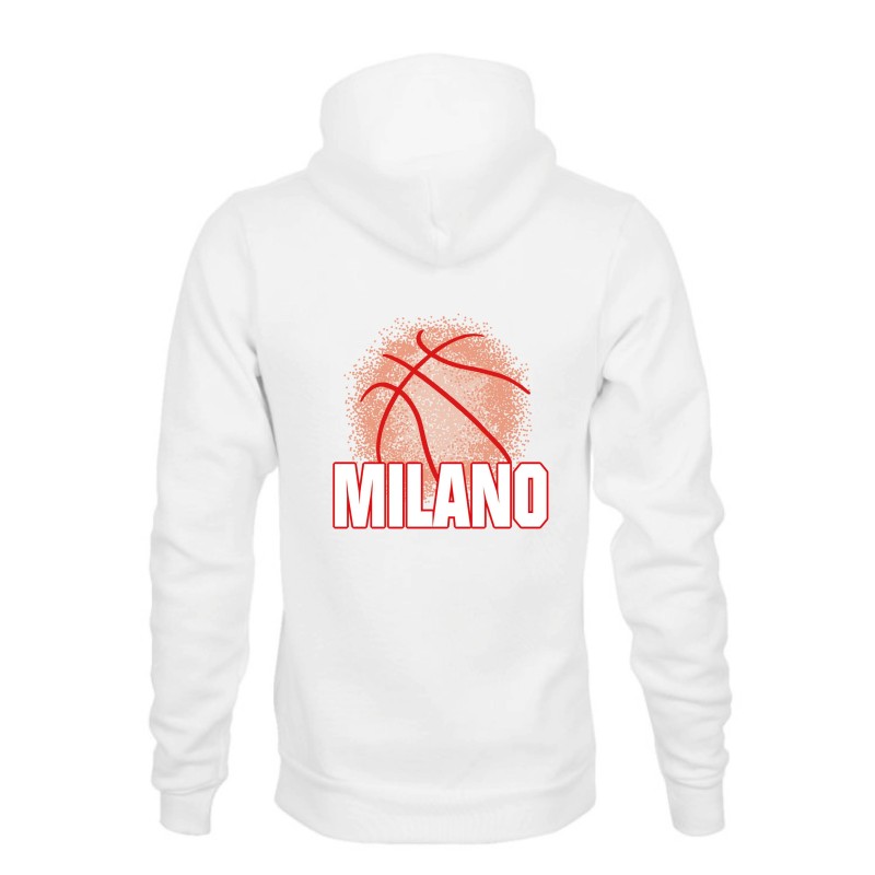 Felpa bianca cappuccio tasconi Milano città BASKET PALLONE ASTRATTO ROSSO stampa retro tifosi