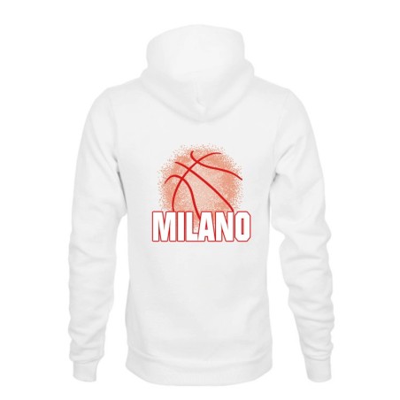 Felpa bianca cappuccio tasconi Milano città BASKET PALLONE ASTRATTO ROSSO stampa retro tifosi