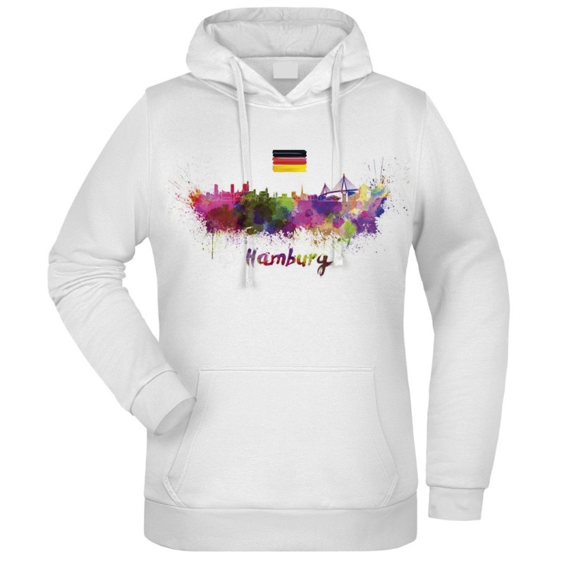 Felpa Hamburg fantasia cappuccio bianca acquarello paesaggi mondo n.21 uomo donna bambino