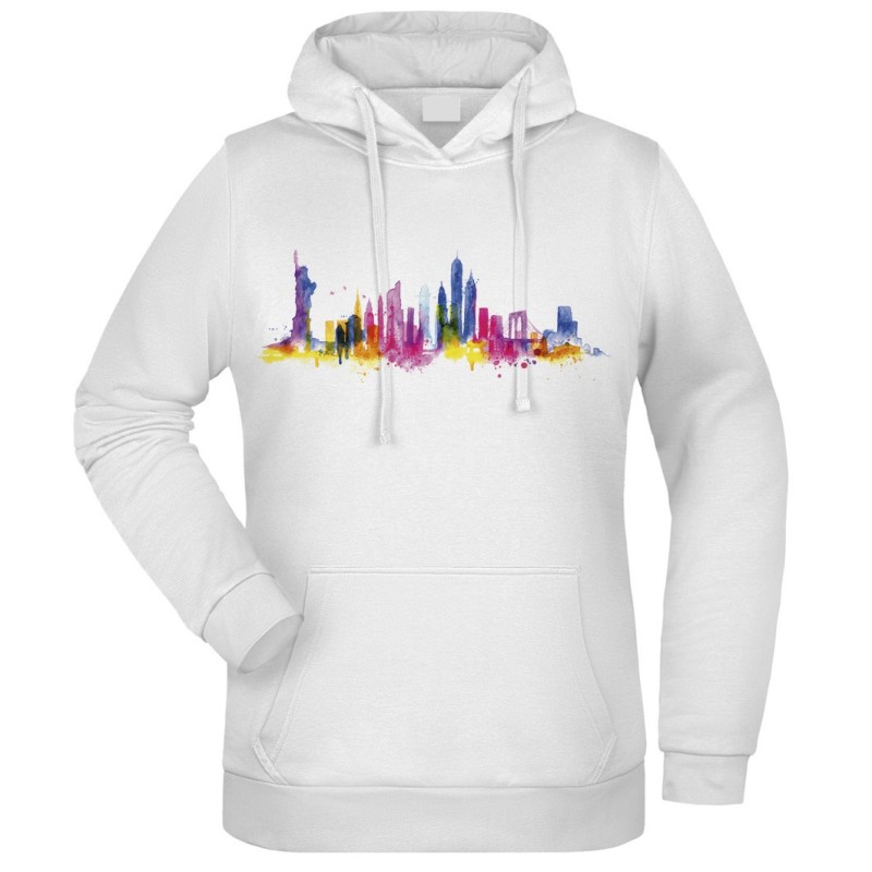 Felpa Monumenti New York fantasia cappuccio bianca acquarello paesaggi mondo n.45 uomo donna bambino