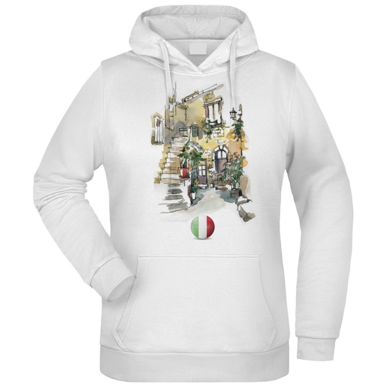 Felpa Casetta del Borgo fantasia cappuccio bianca acquarello paesaggi mondo n.56 uomo donna bambino