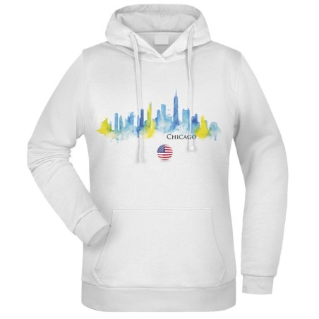 Felpa Palazzi Chicago fantasia cappuccio bianca acquarello paesaggi mondo n.64 uomo donna bambino