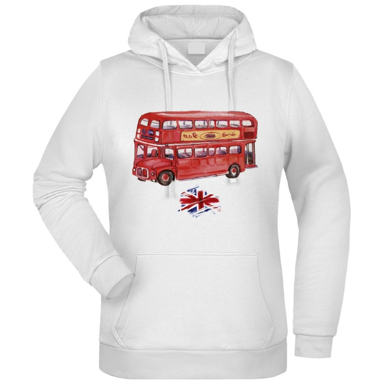 Felpa Bus Inglese fantasia cappuccio bianca acquarello paesaggi mondo n.69 uomo donna bambino