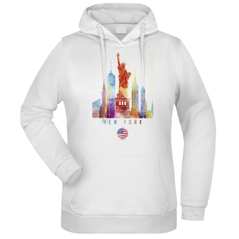 Felpa New York fantasia cappuccio bianca acquarello paesaggi mondo n.86 uomo donna bambino