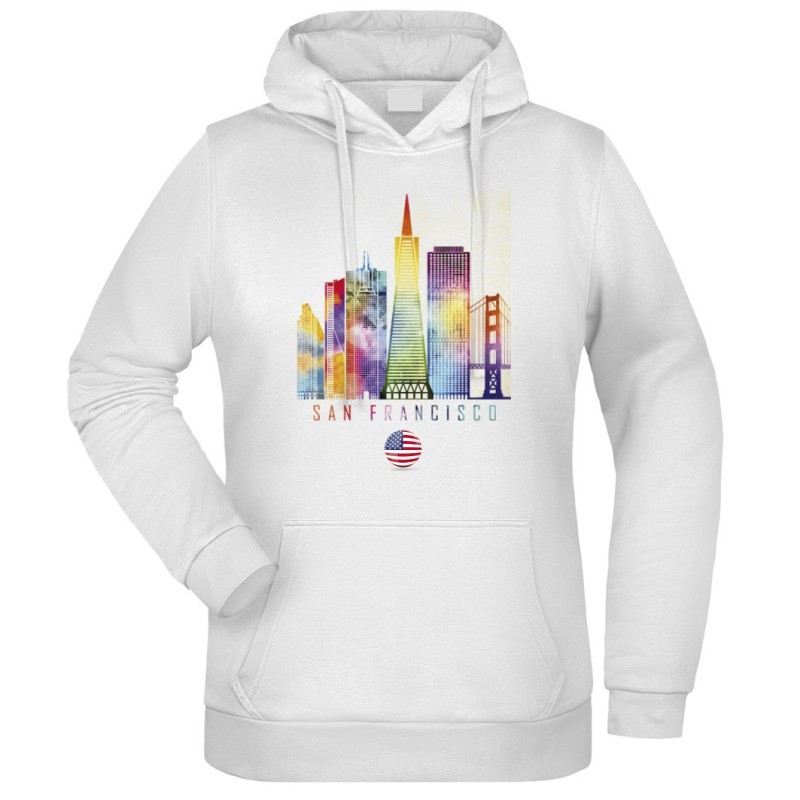 Felpa San Francisco fantasia cappuccio bianca acquarello paesaggi mondo n.90 uomo donna bambino