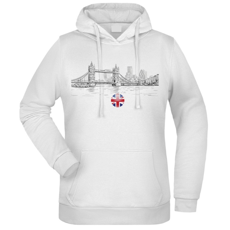 Felpa Tower Bridge bianco e nero fantasia cappuccio bianca acquarello paesaggi mondo n.117 uomo donna bambino