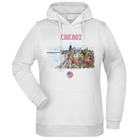 Felpa Chicago fantasia cappuccio bianca acquarello paesaggi mondo n.156 uomo donna bambino