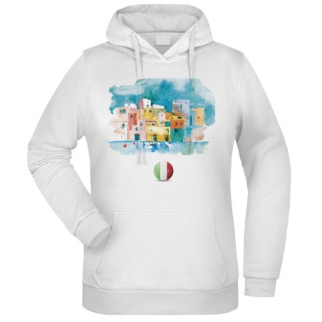 Felpa Golfo di Napoli fantasia cappuccio bianca acquarello paesaggi mondo n.182 uomo donna bambino