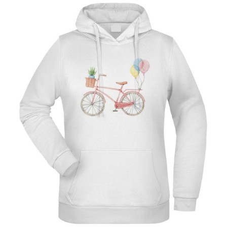 Felpa bicicletta con palloncini fantasia cappuccio bianca acquarello paesaggi mondo n.189 uomo donna bambino