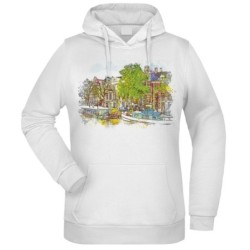 Felpa Amsterdam Olanda Colorata fantasia cappuccio bianca acquarello paesaggi mondo n.226 uomo donna bambino