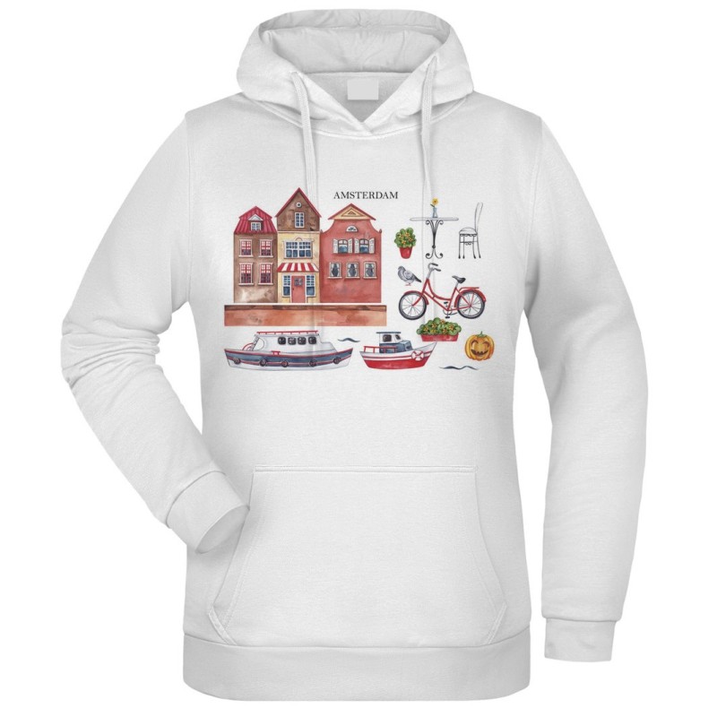 Felpa oggetti Amsterdam Olanda fantasia cappuccio bianca acquarello paesaggi mondo n.273 uomo donna bambino