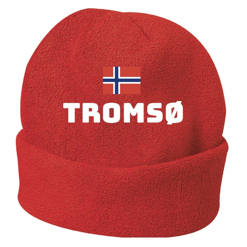 Cappello invernale Tromso Norvegia rosso ricamato in pile / polar taglia unica / cod. 117