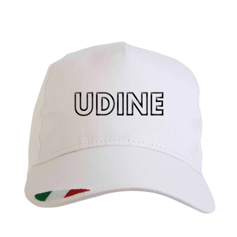 Cappellino ricamato UDINE bianco con tricolore bandiera poliestere, 5 pannelli, regolazione in velcro