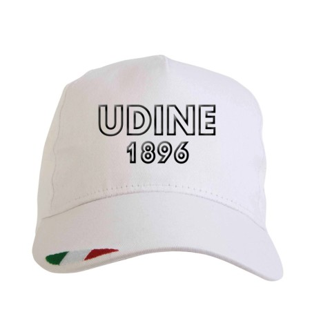 Cappellino ricamato UDINE 1896 bianco con tricolore bandiera poliestere, 5 pannelli, regolazione in velcro