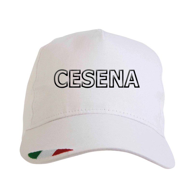 Cappellino ricamato CESENA bianco con tricolore bandiera - poliestere, 5 pannelli, regolazione in velcro