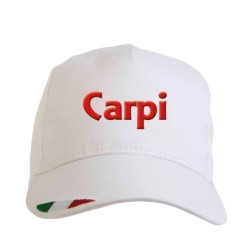 Cappellino ricamato CARPI biancorosso con tricolore bandiera - poliestere, 5 pannelli, regolazione in velcro