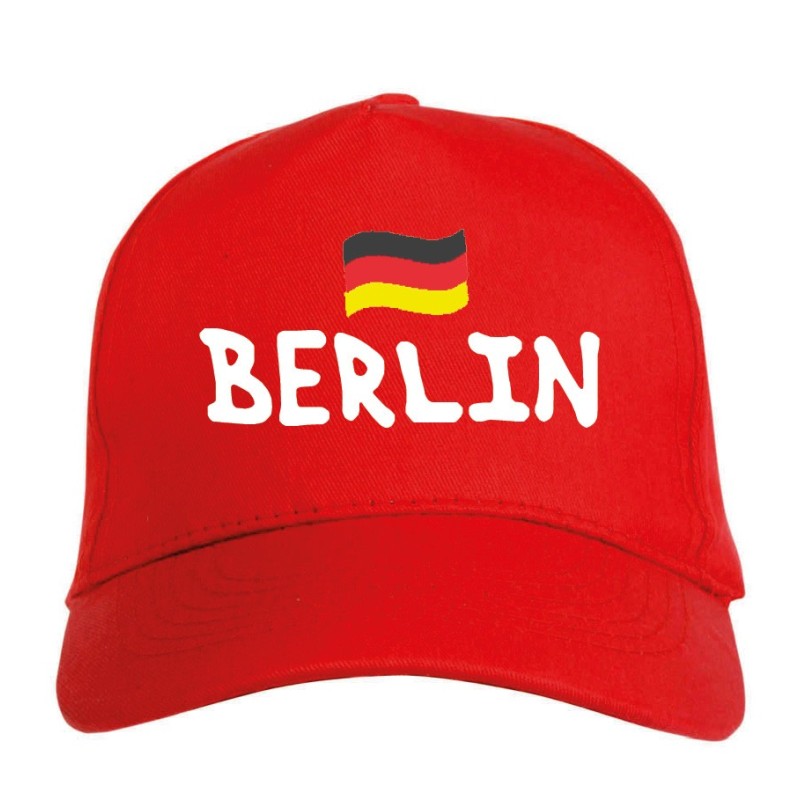 Cappellino ricamato BERLIN rosso - poliestere, 5 pannelli, regolazione in velcro