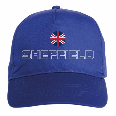 Cappellino ricamato SHEFFIELD UK blu - poliestere, 5 pannelli, regolazione in velcro