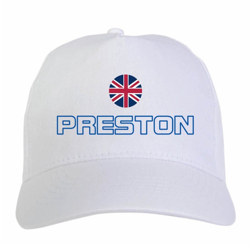 Cappellino ricamato PRESTON UK bianco - poliestere, 5 pannelli, regolazione in velcro