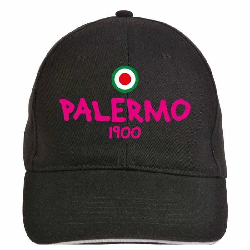 Cappellino ricamato PALERMO nero - sportivo ultras, in poliestere, 5 pannelli, regolazione in velcro