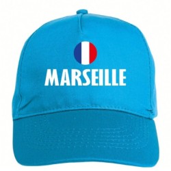 Cappellino ricamato MARSEILLE azzurro - sportivo ultras, in poliestere, 5 pannelli, regolazione in velcro