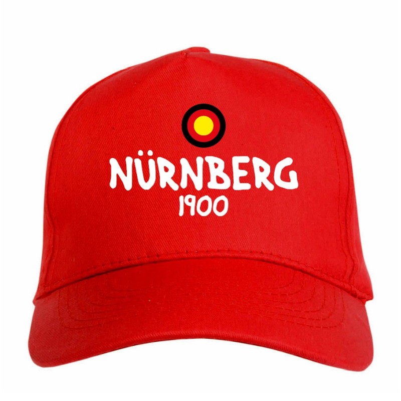 Cappellino ricamato NURNBERG rosso - sportivo ultras, in poliestere, 5 pannelli, regolazione in velcro