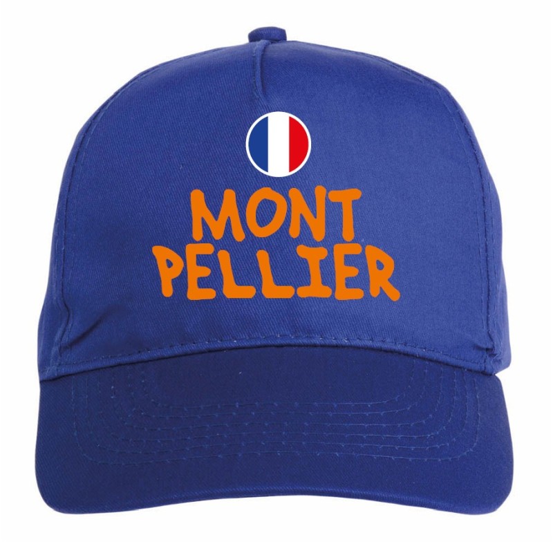 Cappellino ricamato MONTPELLIER Francia blu - sportivo ultras, in poliestere, 5 pannelli, regolazione in velcro