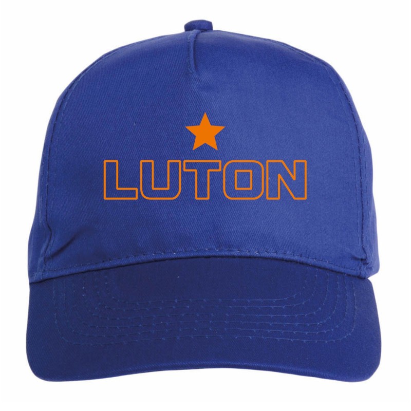 Cappellino ricamato LUTON UK blu - sportivo ultras, in poliestere, 5 pannelli, regolazione in velcro