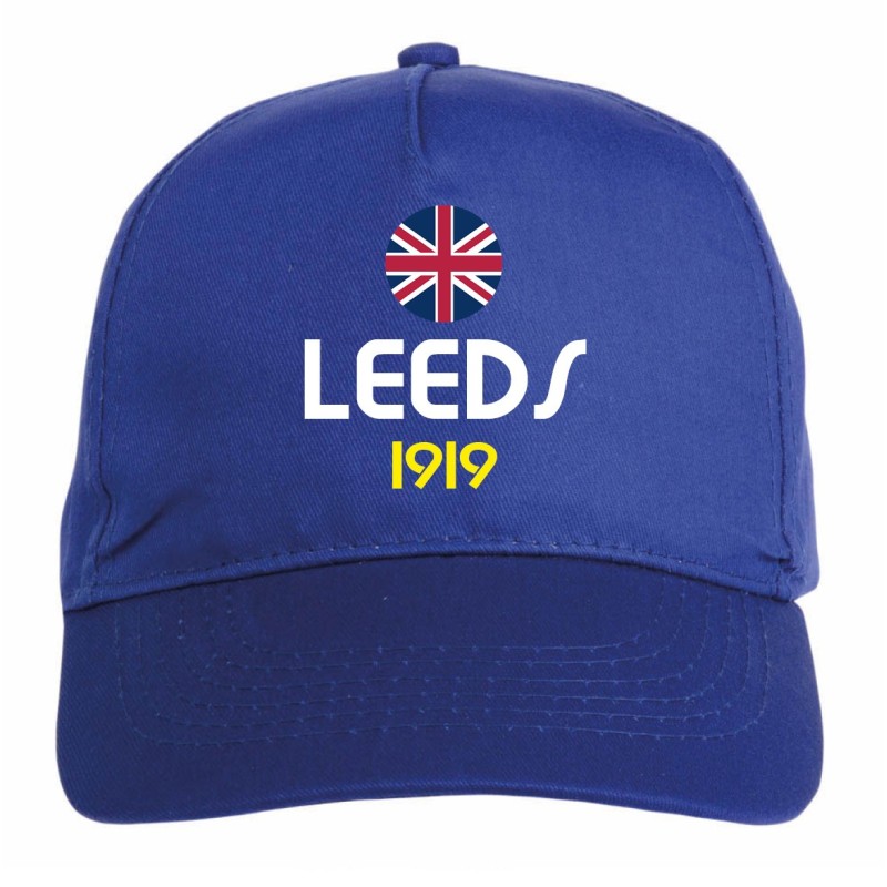 Cappellino ricamato LEEDS UK blu - sportivo ultras, in poliestere, 5 pannelli, regolazione in velcro