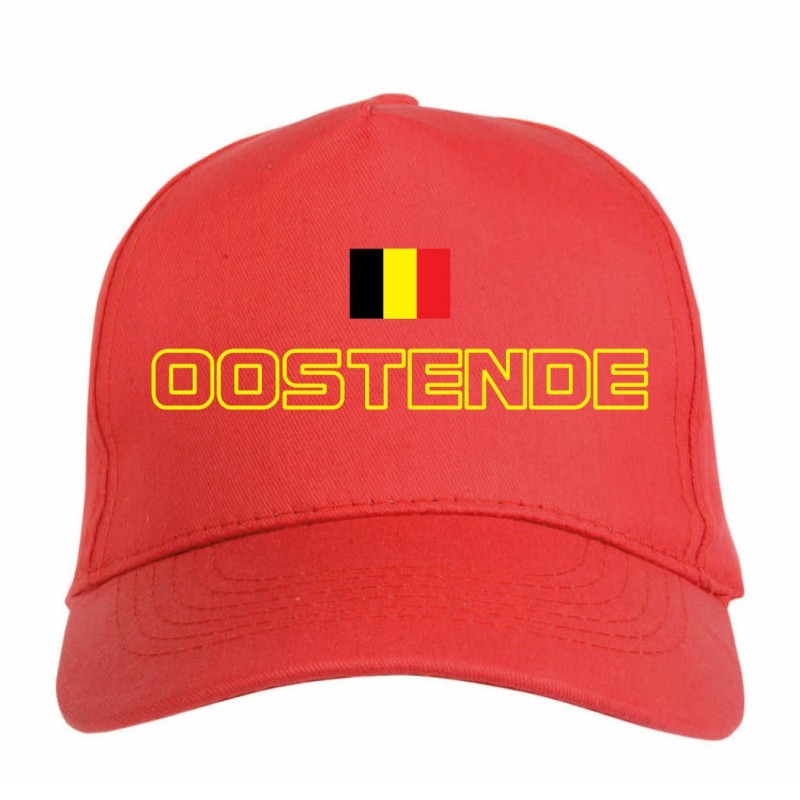 Cappellino ricamato OOSTENDE rosso - sportivo ultras, in poliestere, 5 pannelli, regolazione in velcro