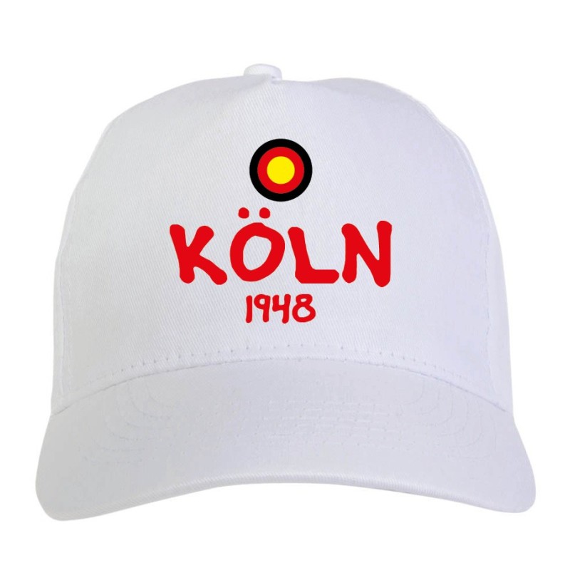 Cappellino ricamato KOLN Germania bianco - sportivo ultras, in poliestere, 5 pannelli, regolazione in velcro