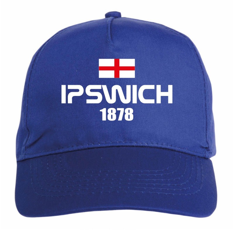 Cappellino ricamato IPSWICH UK blu - sportivo ultras, in poliestere, 5 pannelli, regolazione in velcro