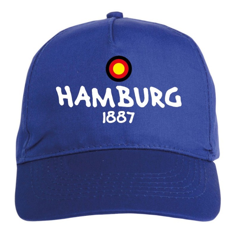 Cappellino ricamato HAMBURGER blu - sportivo ultras, in poliestere, 5 pannelli, regolazione in velcro