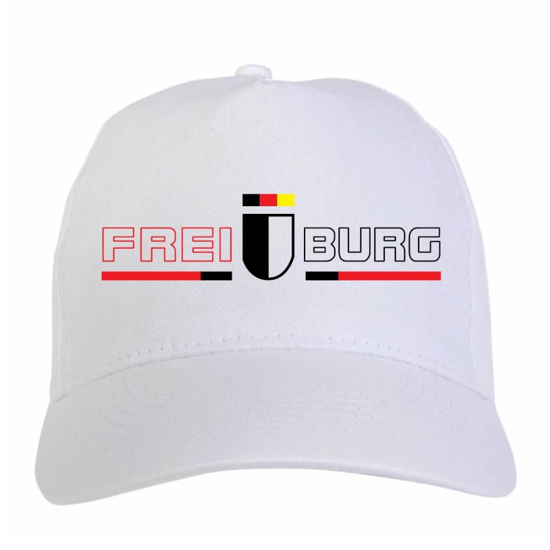 Cappellino ricamato FREIBURG bianco - sportivo ultras, in poliestere, 5 pannelli, regolazione in velcro