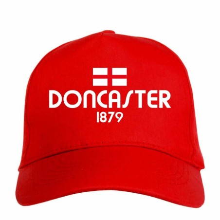 Cappellino ricamato DONCASTER UK rosso - sportivo ultras, in poliestere, 5 pannelli, regolazione in velcro