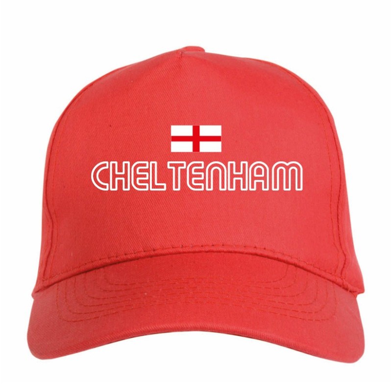 Cappellino ricamato CHELTENHAM rosso - sportivo ultras, in poliestere, 5 pannelli, regolazione in velcro