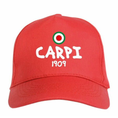 Cappellino ricamato CARPI rosso - sportivo ultras, in poliestere, 5 pannelli, regolazione in velcro